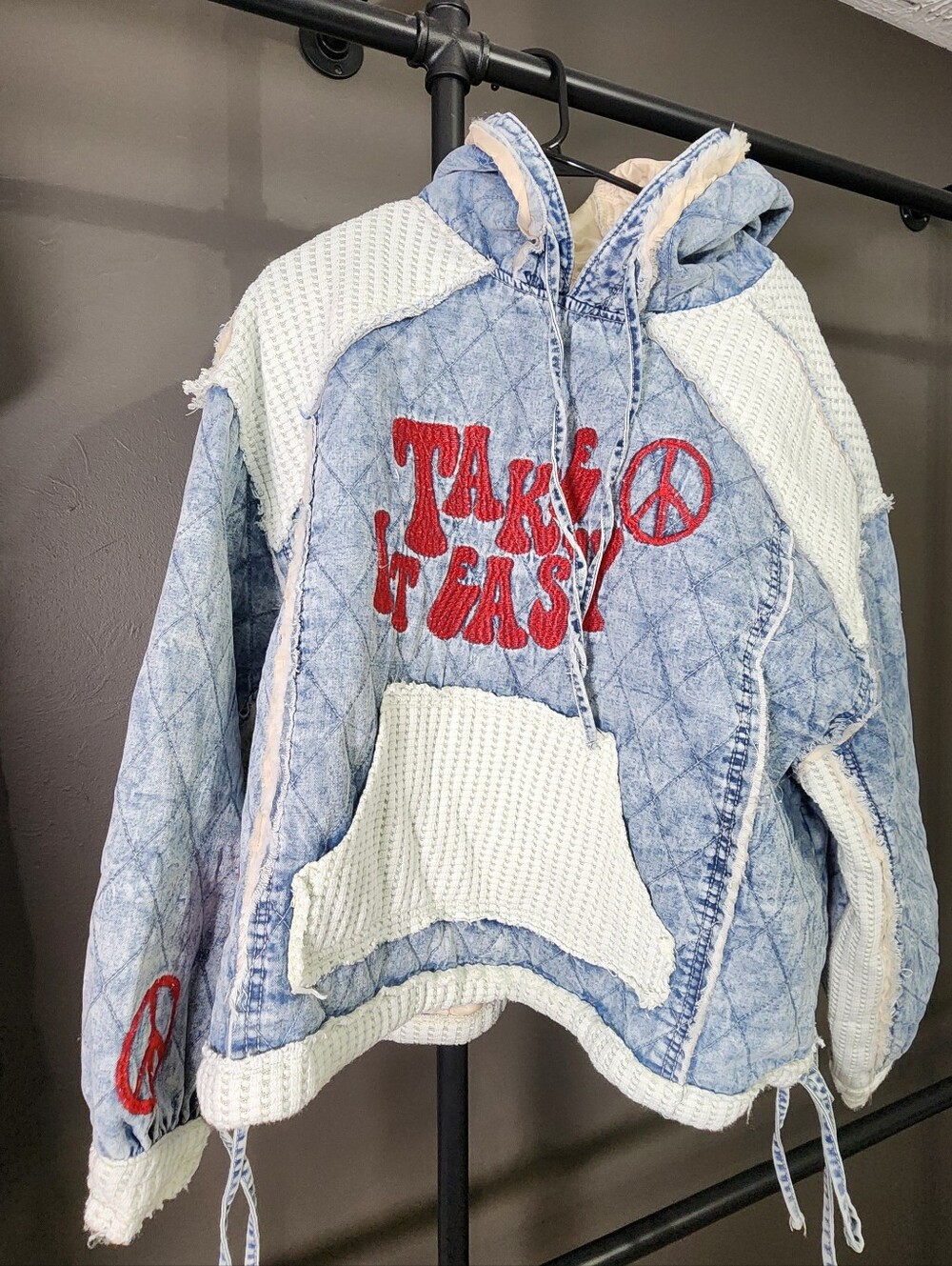 POL Light Blue Quilted Puffer Jacket with Red Accents